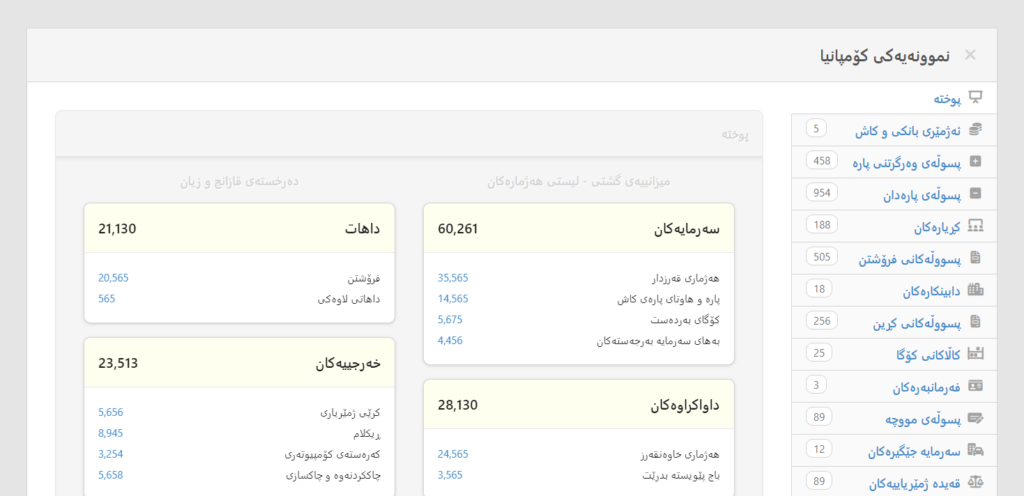 Manager.io dashboard in Kurdish